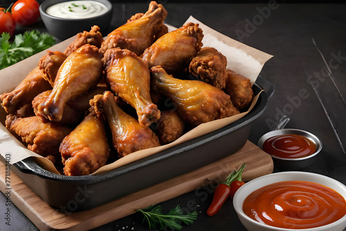 Basket of hot buffalo wings spicy juicy closeup isolated on dark background with natural lighting. display, whole and side view. frontal full view. lifestyle studio shoot. closeup view. photo