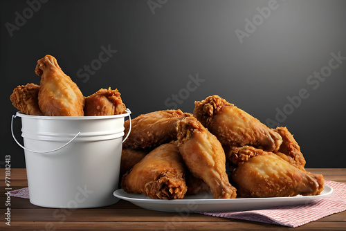 Basket of hot buffalo wings spicy juicy closeup isolated on dark background with natural lighting. display, whole and side view. frontal full view. lifestyle studio shoot. closeup view. photo