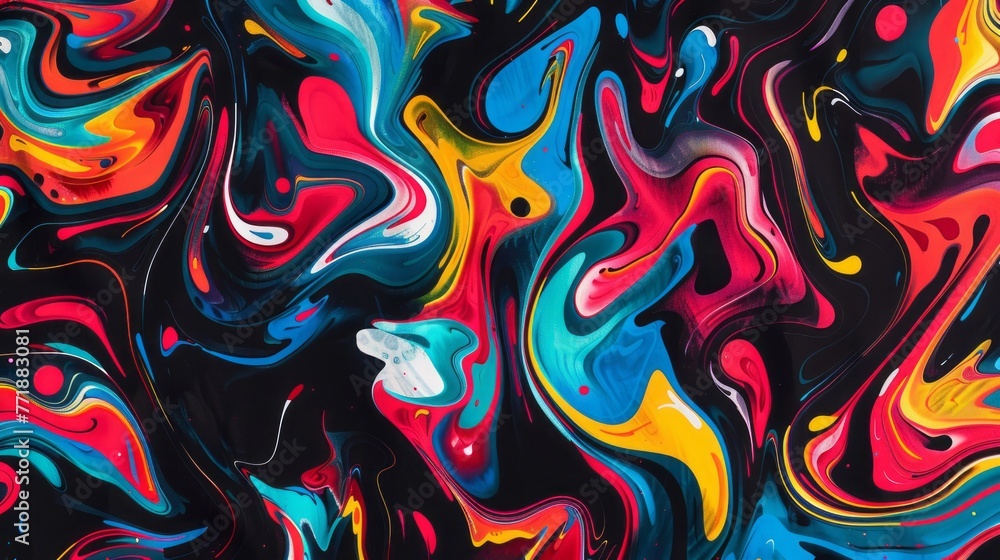 Colorful swirls form an abstract pattern on a black background, featuring expressive line work, simple illustrations, and animated shapes.