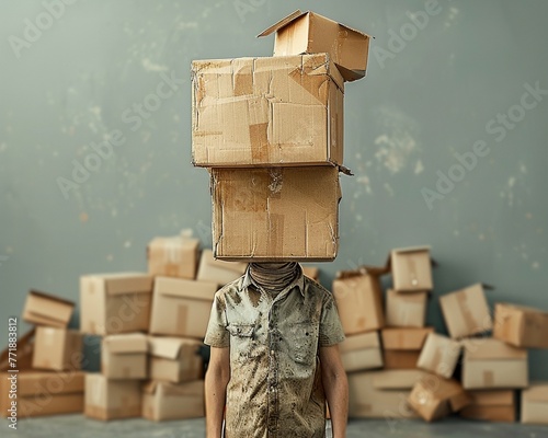 The visual metaphor of consumerism's weight and anonymity through a figure with a box for a head, laden with parcels, photo