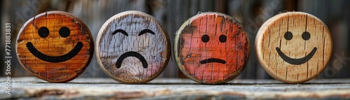 Wooden label displaying happy, normal, and sad face icons, used for collecting feedback on experience survey services,