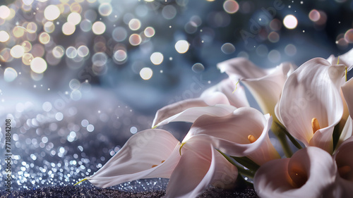Calla lily flowers with glitter bokeh background. Copy space.