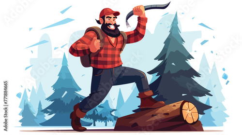 Lumberjack man in a red checkered shirt cutting tre photo