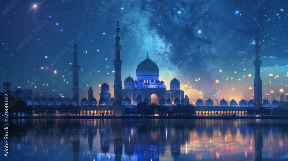 beautiful mosque behind starry night, ramadan festive, islamic festive, Generative AI