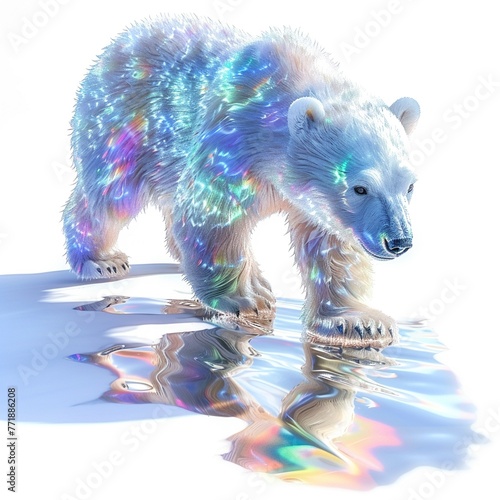 Joyful polar bear, captured in watercolor clipart, playfully chasing aurora borealis reflections on ice, isolated on white background.