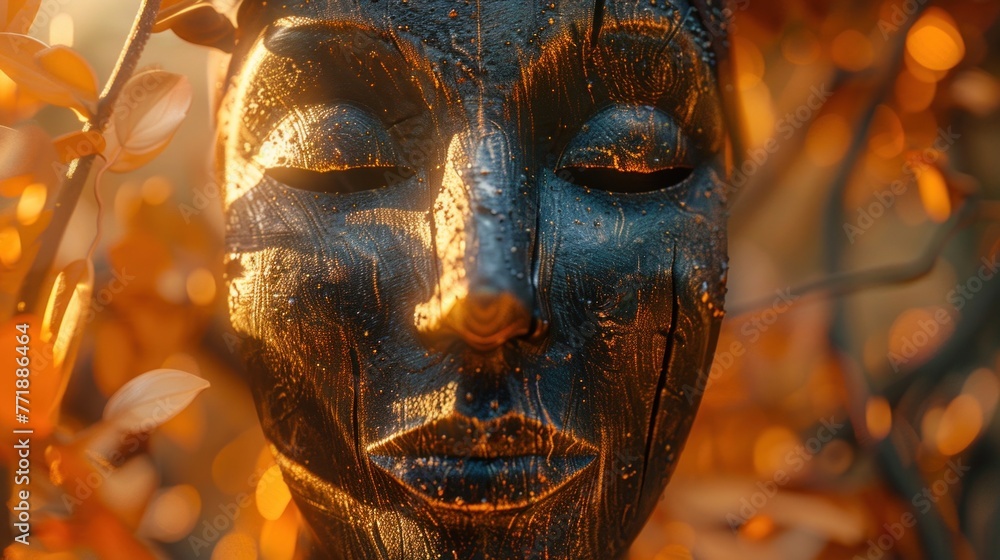 Obraz premium beautiful wooden mask art with soft light and blurred background, an ideal wallpaper idea. Generative AI