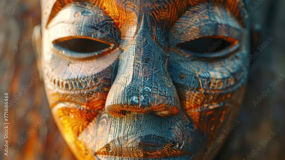 beautiful wooden mask art with soft light and blurred background, an ideal wallpaper idea. Generative AI beautiful wooden mask art with soft light and blurred background, an ideal wallpaper idea. Generative AI