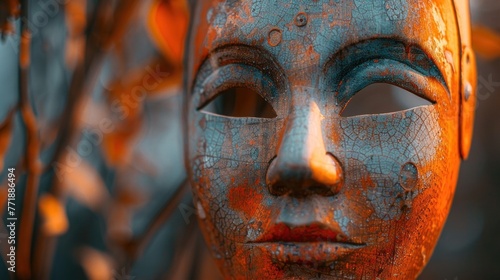 beautiful wooden mask art with soft light and blurred background, an ideal wallpaper idea. Generative AI