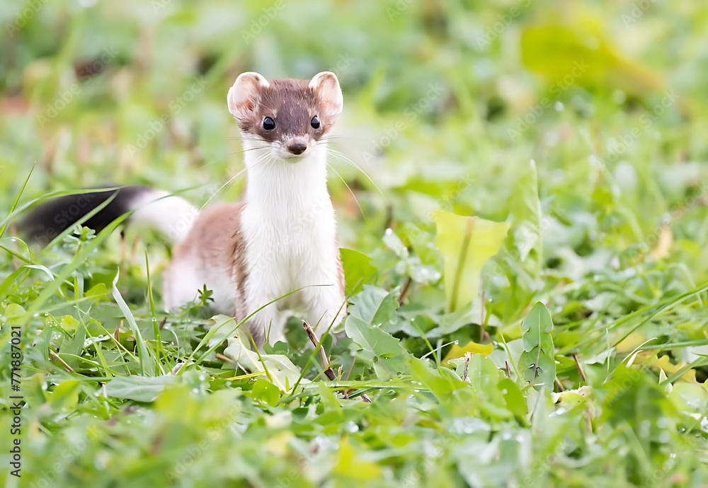 An ermine looking forward, standing among the green grass