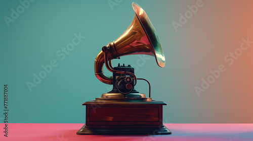 Vintage Gramophone with a Horn Speaker Against Pastel Gradient Background