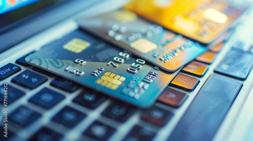 Credit Cards on Laptop Keyboard Representing Online Financial Activity Credit Cards on Laptop Keyboard Representing Online Financial Activity
