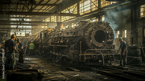 Vintage Steam Locomotives Under Maintenance in Historic Railway Yard photo