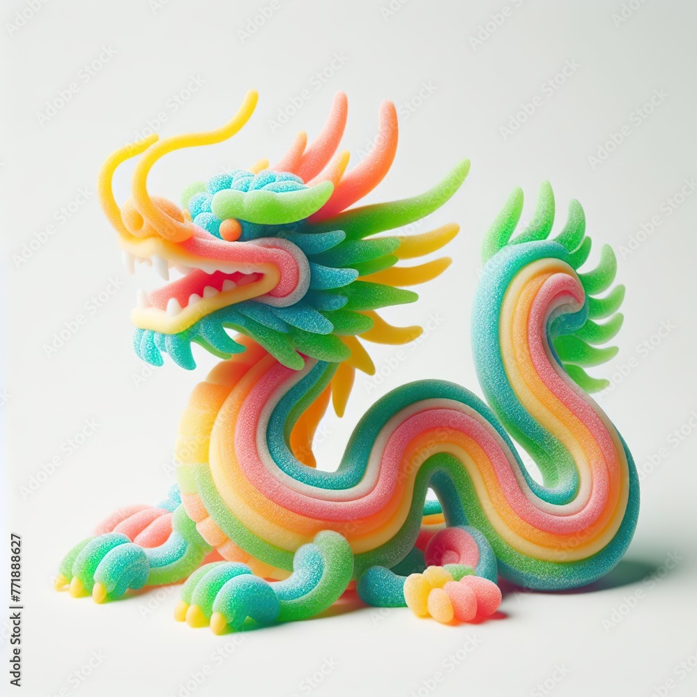 a Chinese Dragon made of pastel color gummy candy on a white background a Chinese Dragon made of pastel color gummy candy on a white background