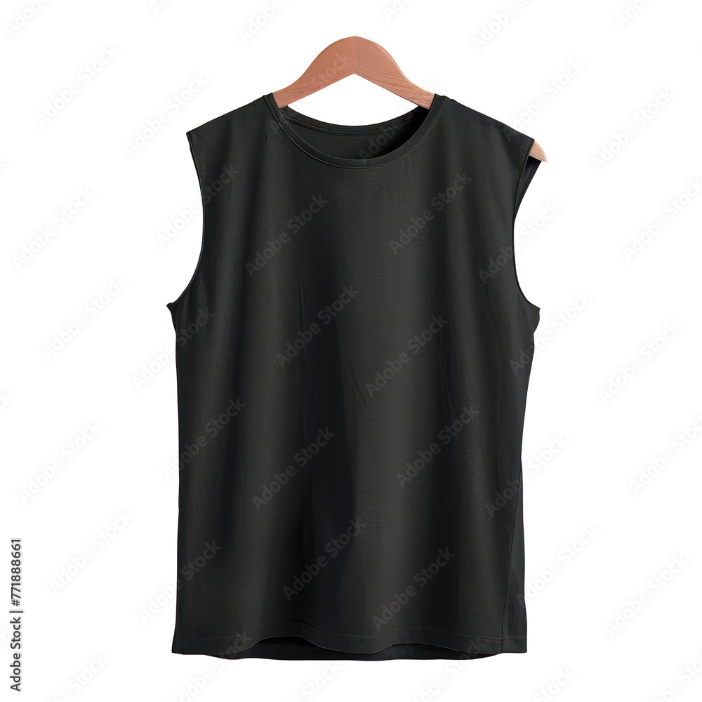 A grey sleeveless tank top with a fashion design hanging on a wooden hanger on a transparent background A grey sleeveless tank top with a fashion design hanging on a wooden hanger on a transparent background