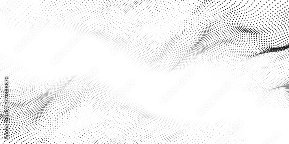 Flowing particles dots, wave pattern curve halftone shape isolated on transparent background. Vector background concept of modern technology, science. Flowing particles dots, wave pattern curve halftone shape isolated on transparent background. Vector background concept of modern technology, science.