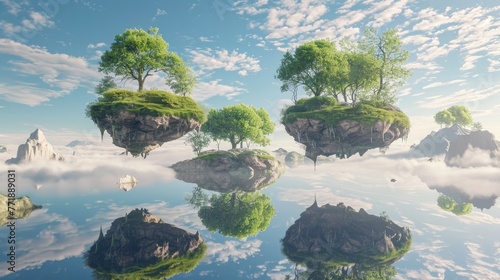 3D surreal landscape with floating islands in the sky and white clouds, Surreal 3D landscape featuring floating islands amidst white clouds.