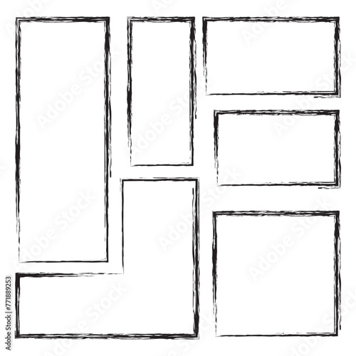  Sketch doodle border frame. Square line boarder. Brush strokes shape pencil drawing. Scribbles pattern. Marker thin outline. Hands draw grunge frames. Vector illustration on white background in eps10