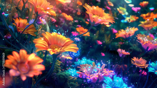A burst of fluorescent flowers blooming in an otherworldly  abstract garden