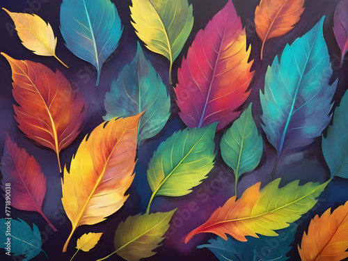 illustration of colorful leaves. gradient leaves. nature painting. multicolored art texture