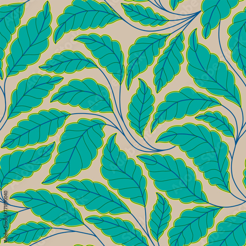 Curved lines Branches Leaves beige and green. Seamless pattern with leaves. Vector illustration for your design.Floral seamless pattern with stylized branches and leaves. photo