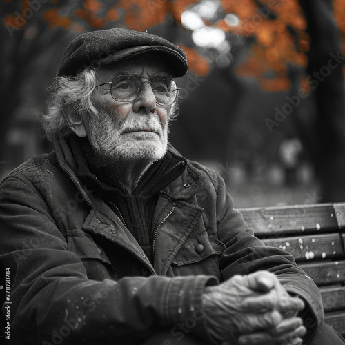 An older man sits on a park bench