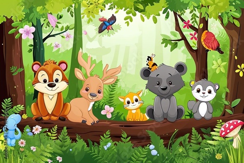 Adorable cute background with baby animals in a charming woodland, Charming woodland scene featuring adorable baby animals.