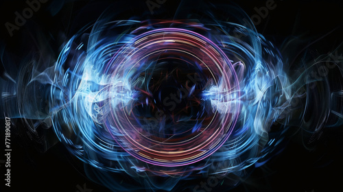 Circular sound waves in digital art form with electric energy effects, dark base