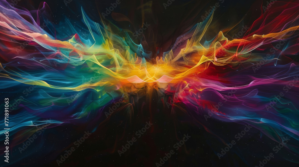Dark abstract canvas, illuminated by vibrant sound wave energy patterns, Dark abstract canvas, illuminated by vibrant sound wave energy patterns,