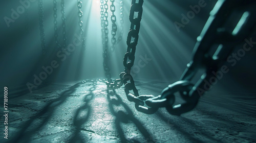 Cryptocurrency and blockchain technology represented by chains of light and shadow