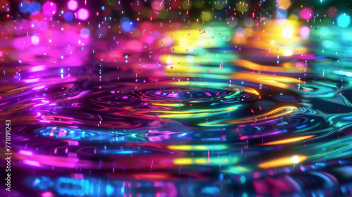 Digital raindrops creating ripples in pools of multi-colored neon lights