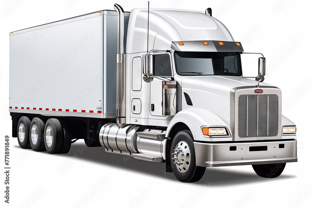 Classic White Semi-Truck and Trailer Parked Side View on Isolated White Background Classic White Semi-Truck and Trailer Parked Side View on Isolated White Background