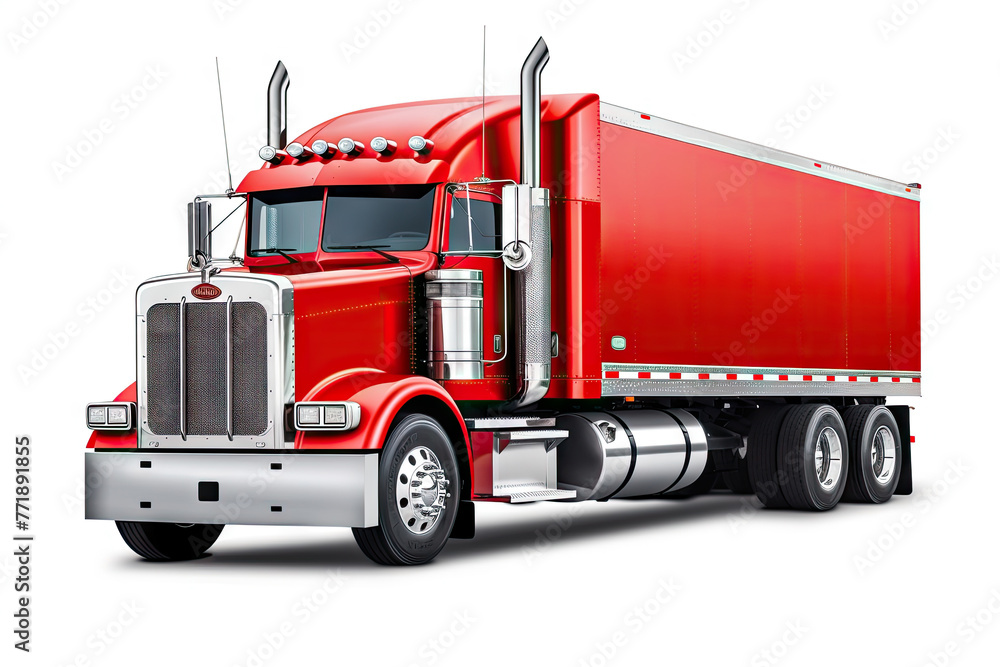 Vibrant Red Semi-Truck with Attached Trailer in Side View on White Background