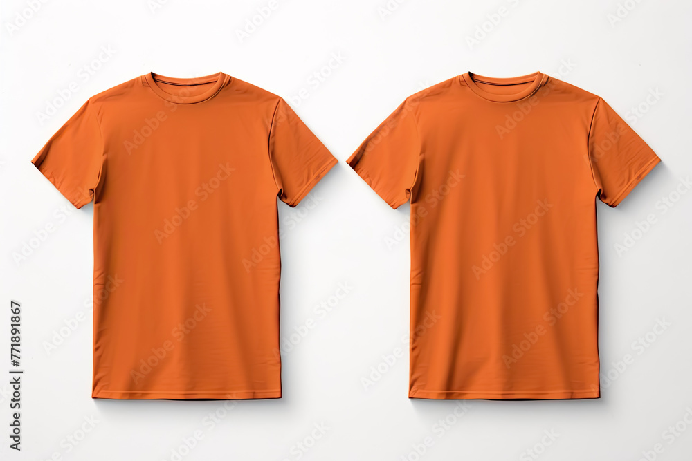 Plain Orange T-Shirts Displayed Front and Back View on White Background Plain Orange T-Shirts Displayed Front and Back View on White Background
