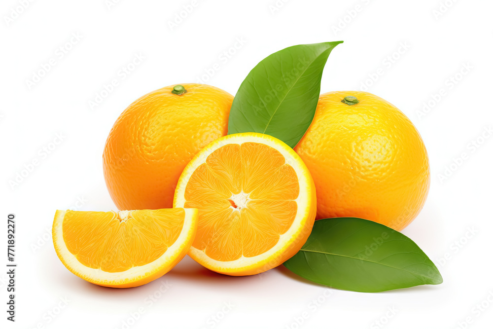 Fresh Oranges and Orange Slices on a White Background Fresh Oranges and Orange Slices on a White Background