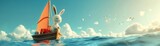 On the seas edge, a rabbit sets off on a junket, its boat filled with maritime treasures , 3D style