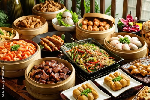 Asian food background, food spread diverse selection of Asian delicacies, A tantalizing array of Asian culinary delights, showcasing a diverse selection of delicacies.