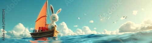 On the seas edge, a rabbit sets off on a junket, its boat filled with maritime treasures , 3D style photo