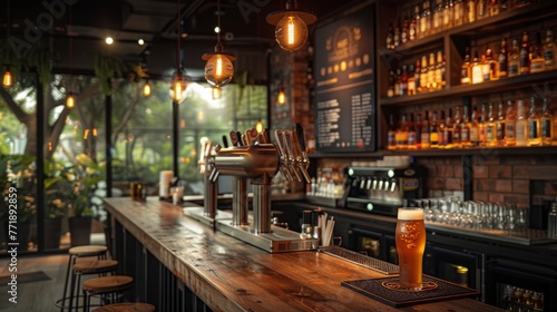 Beautiful beer bar, a gathering place for drinkers. Designing a bar with wood for a warm and stylish atmosphere. photo