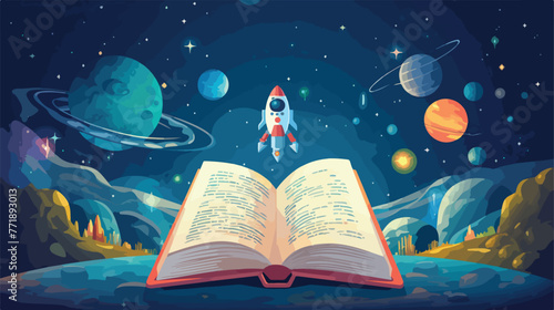 Open book with rocket astronaut planets stars UFO s