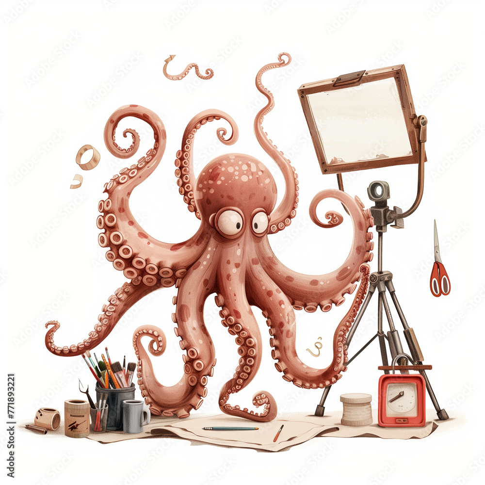 Fototapeta premium fashioned lamp on white, Octopus with a beer in its mouth and a cup of beer in its hand