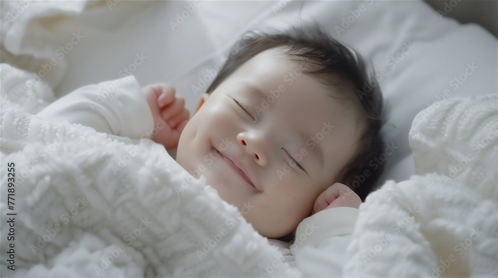 Adorable baby sleep while smile in minimalist white soft pillow and blanket Adorable baby sleep while smile in minimalist white soft pillow and blanket