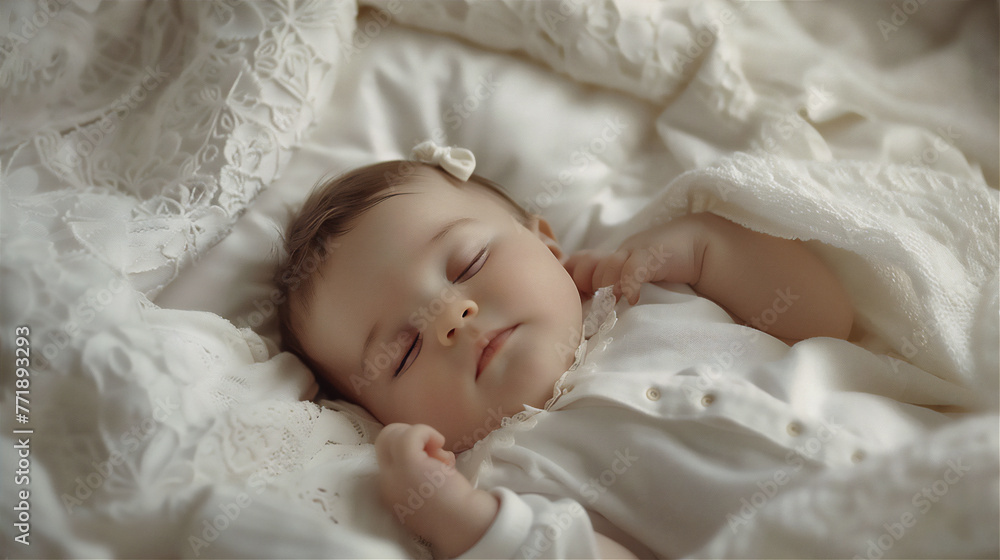 Adorable baby sleep while smile in minimalist white soft pillow and blanket Adorable baby sleep while smile in minimalist white soft pillow and blanket