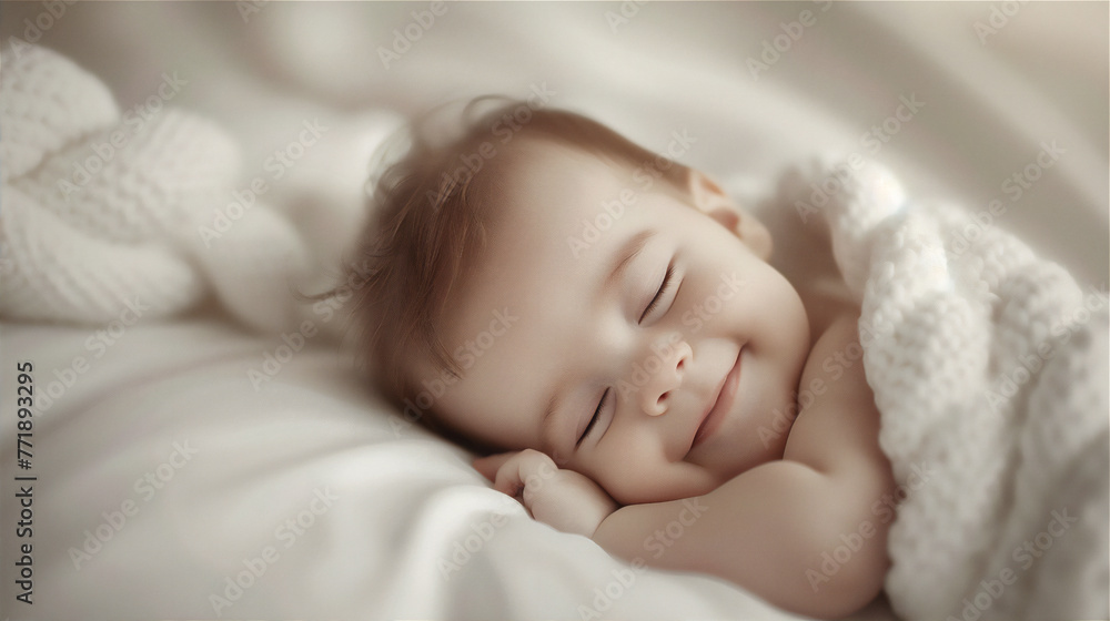 Adorable baby sleep while smile in minimalist white soft pillow and blanket Adorable baby sleep while smile in minimalist white soft pillow and blanket