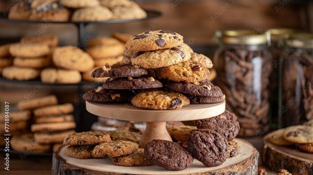 Fresh chocolate chip cookies in a bakery Suitable for snacks or breakfast.Generative AI illustration - obrazy, fototapety, plakaty 