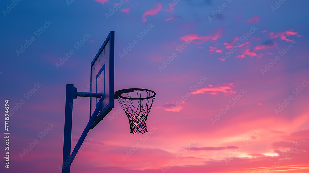 Silhouette of a basketball hoop against a sunset. Sport concept with copy space