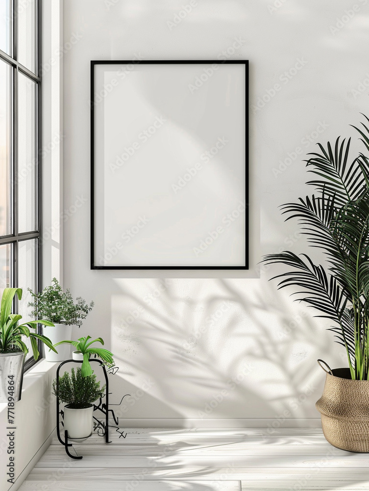 Minimalist mockup of an empty black frame on the wall Minimalist mockup of an empty black frame on the wall