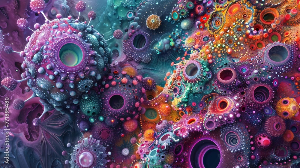 A Digital art simulating the vibrant and intricate world of microscopic organisms with intense colors and textures. A Digital art simulating the vibrant and intricate world of microscopic organisms with intense colors and textures.