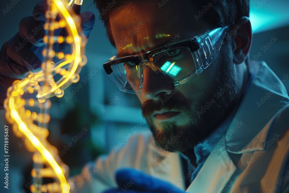 A focused scientist analyzing a glowing DNA helix in a modern research lab A focused scientist analyzing a glowing DNA helix in a modern research lab