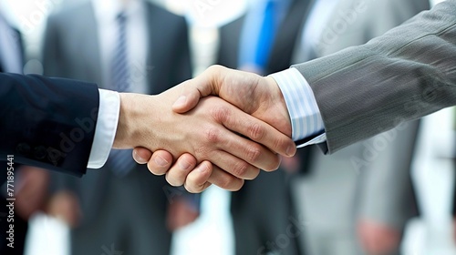 A Close-up of a business handshake with a team of professionals in sharp focus in the background.