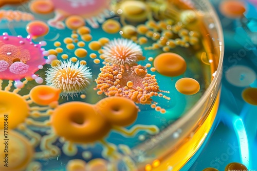 A Colorful representation of microbial organisms thriving within a petri dish